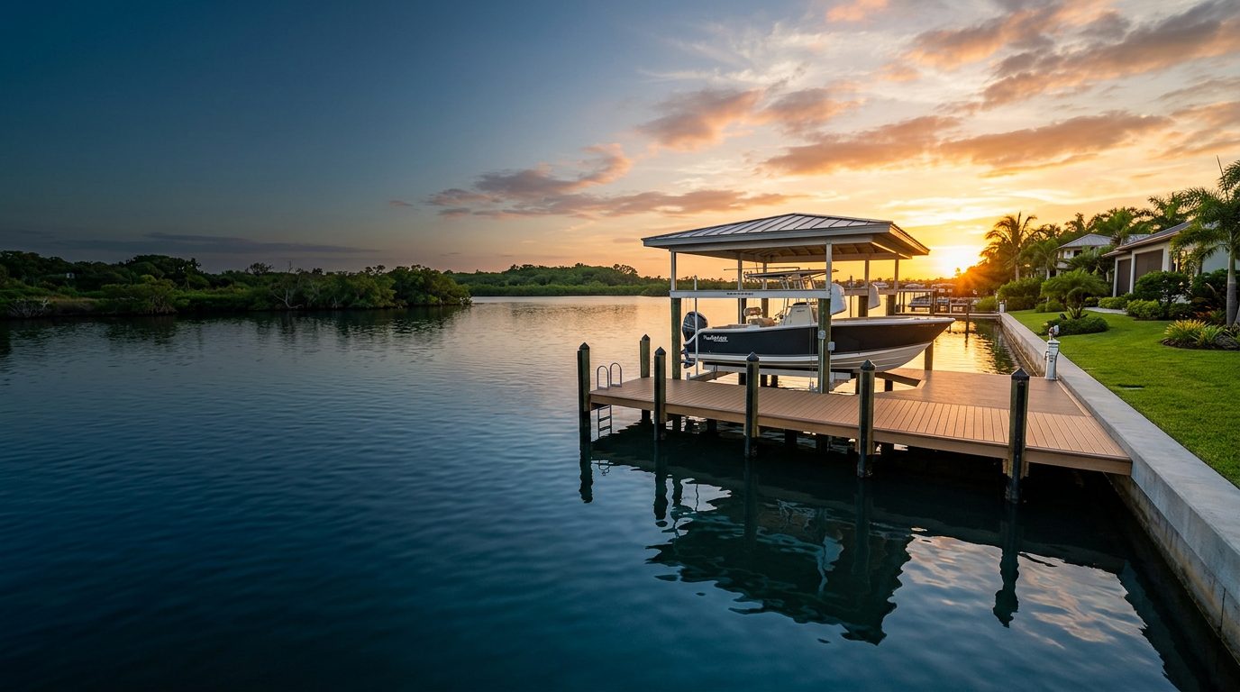 Florida waterfront dock at golden hour